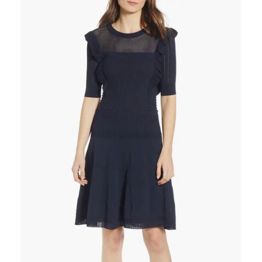 NWOT Ruffle Trim Pointelle Night Melange Fit & Flare Yoke Dress Women's Small